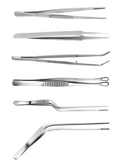 Set of tweezers. Long serrated angled tweezers, anatomical forceps, dental straight surgical pincers, curved tweezers, bayonet pincette, tumor grasping forceps. Manual surgical instrument. Vector