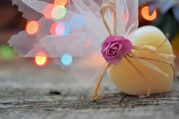 easter eggs and flowers on green background