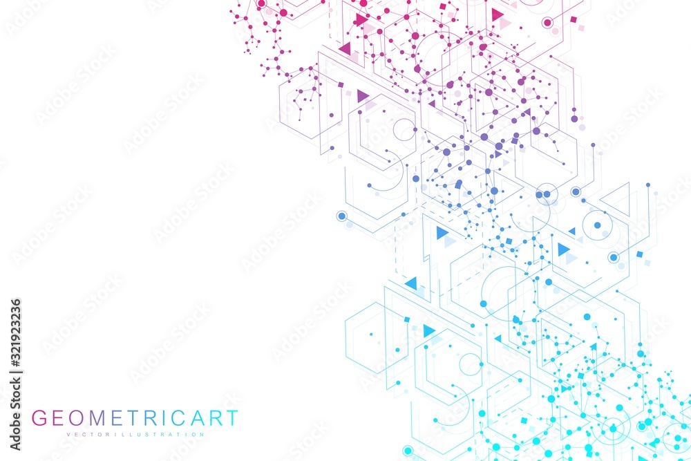 Poster science network pattern, connecting lines and dots. technology hexagons structure or molecular conne