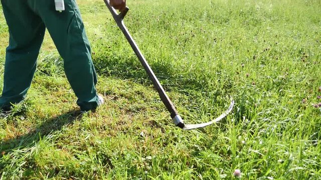 Slow motion footage of a farmer hand mowing the grass on a meadow with a scythe, the shot is moving to a lower angle