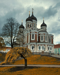 view of Alexander, Nevsky Cathedral from Tallinn street, Estonia, autumn, day,