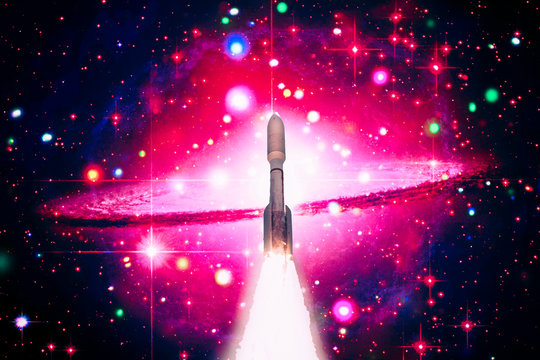 Rocket in the deep space. Galaxy and stars. The elements of this image furnished by NASA.