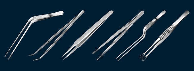 Set of tweezers. Long serrated angled tweezers, anatomical forceps, dental straight surgical pincers, curved tweezers, bayonet pincette, tumor grasping forceps. Manual surgical instrument. Vector