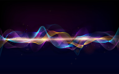 Abstract wave curve lines. Music abstract background. Equalizer for music. Dynamic colorful particles sound wave. Cool Sound Freque. Blurred abstract lights. Beautiful wave shaped array of glow.