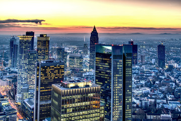 Aerial view of Frankfurt am Main at sunset. Frankfurt, Germany at golden hour. hdr shoot