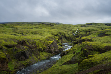 River Skoga in Iceland Highlands on a cloudy day, hiking Fimmvördurhals