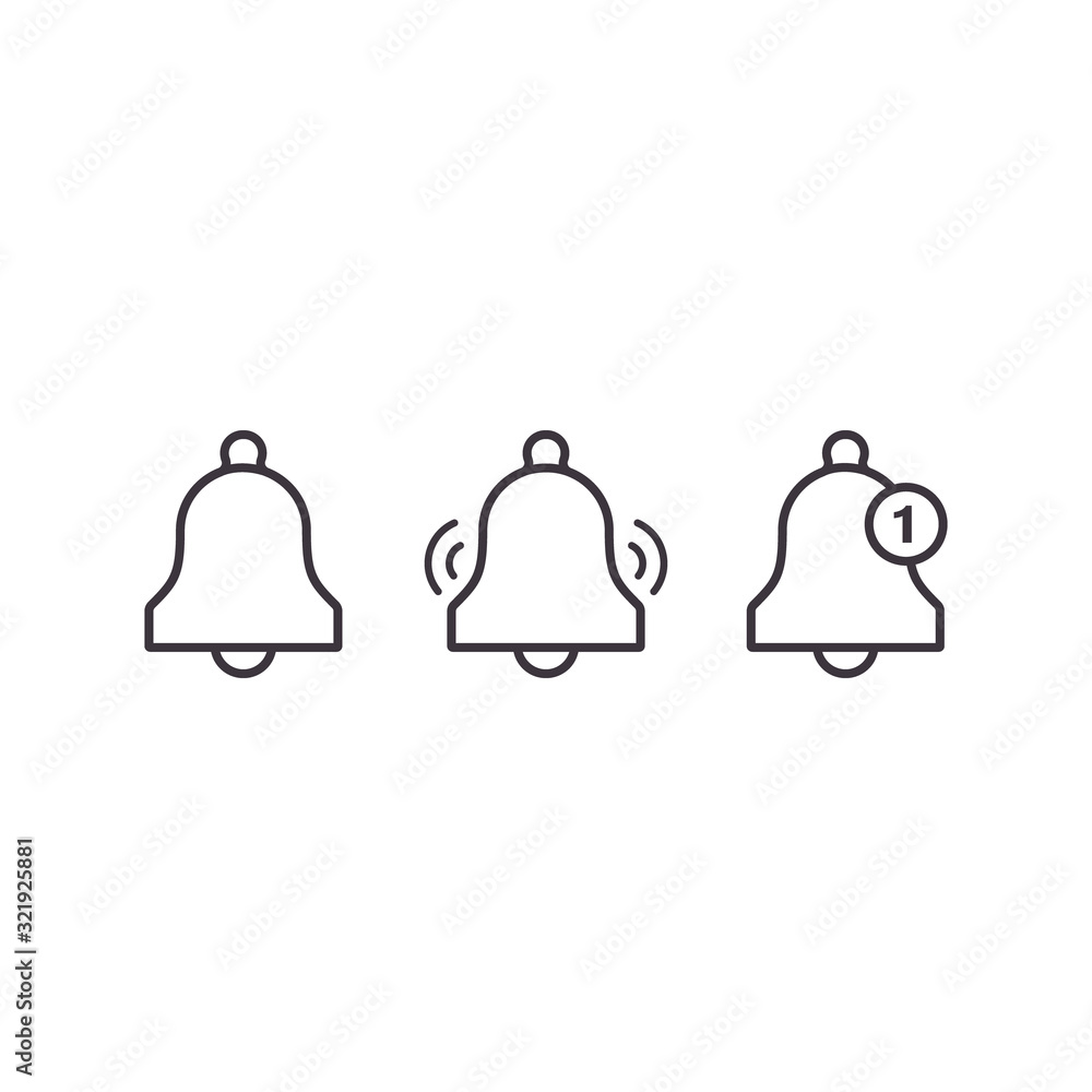 Poster bell notification line icon set for incoming inbox message. vector ringing bells outline illustratio