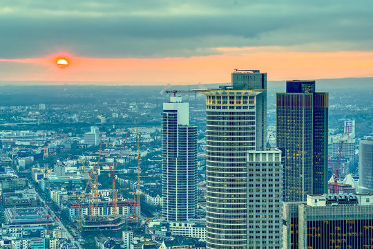 Aerial view of Frankfurt am Main at sunset. Frankfurt, Germany at golden hour. hdr shoot