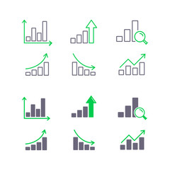 Fototapeta premium Growing graphs and growth charts icon set, vector illustration