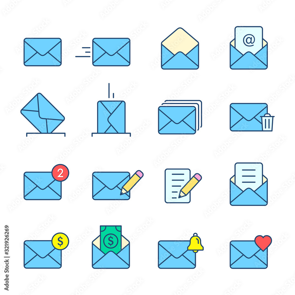 Aufkleber envelope mail icon big set. vector isolated color symbol collection in flat style