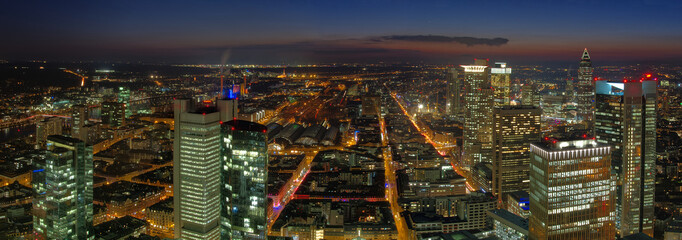 Aerial shot of Frankfurt. High resolution aerial panoramic view of Frankfurt am Main, Germany at dusk. beautiful sunset over the metropolis, Financial Center of Europe - Frankfurt am Main, hdr shoot