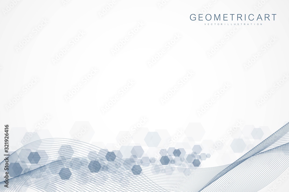 Poster science network pattern, connecting lines and dots. technology hexagons structure or molecular conne