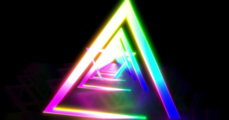 Fototapeta na wymiar Glowing neon color triangle tunnel. Laser show background. ultraviolet blue purple color spectrum . 3D rendering 3D illustration