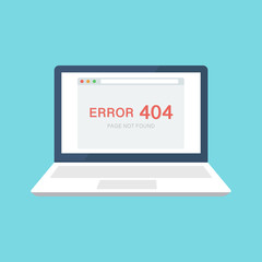 404 error page on laptop screen design concept. Laptop screen with error. Trendy flat style illustration.	