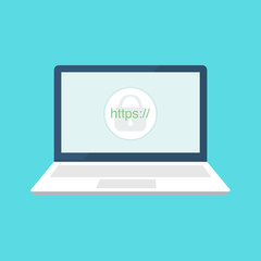 Laptop with a lock on the screen illustration. Secure your site with HTTPS, internet communication protocol.	 - obrazy, fototapety, plakaty