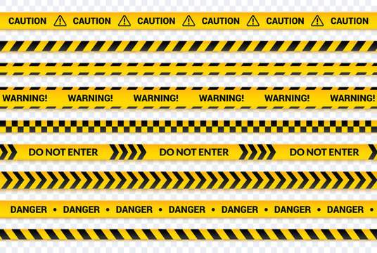 Caution tape set, yellow warning lines, danger symbol, arrows, yellow strips with black text and signs. Abstract horizontal banner collection with attention message, vector illustration.