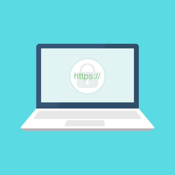 Laptop with a lock on the screen illustration. Secure your site with HTTPS, internet communication protocol.	