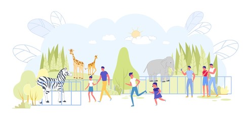 Obraz na płótnie Canvas Cartoon People Coming to Zoo, Watching Animals.