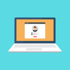 Laptop with login and password form page on screen. Sign in to account, user authorization, login authentication page concept. Username, password fields. Flat design, illustration on background