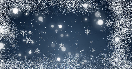 Naklejka na ściany i meble Snowflakes and bokeh lights on the blue Merry Christmas background. 3D rendering 3D illustration