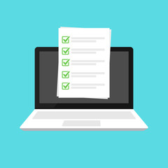 Checklist browser window. Check mark. White tick on laptop screen. Choice, survey concepts. Elements for web banners, websites, infographics.	