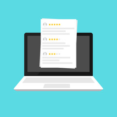 Laptop with customer review rating messages illustration, Flat cartoon design of laptop pc display and online reviews or client testimonials, concept of experience or feedback, rating stars	