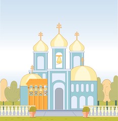 Flat Orthodox Church with Bell, Crosses on Domes