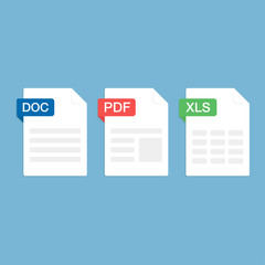 Set of Document File Formats and Labels icons. DOC, PDF, XLS. illustration.	