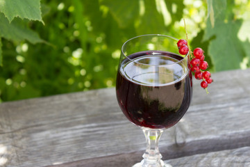 Glass of red wine with red currants on nature, wine making concept