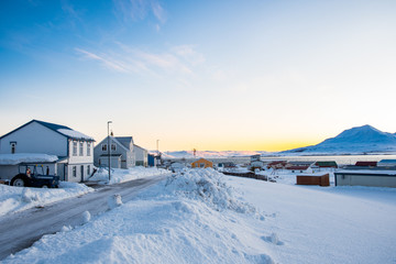 Winter day in the village on island of Hrisey in Iceland