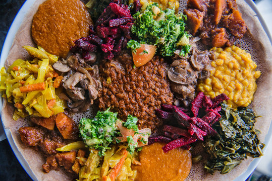 Large platter of Ethiopian food