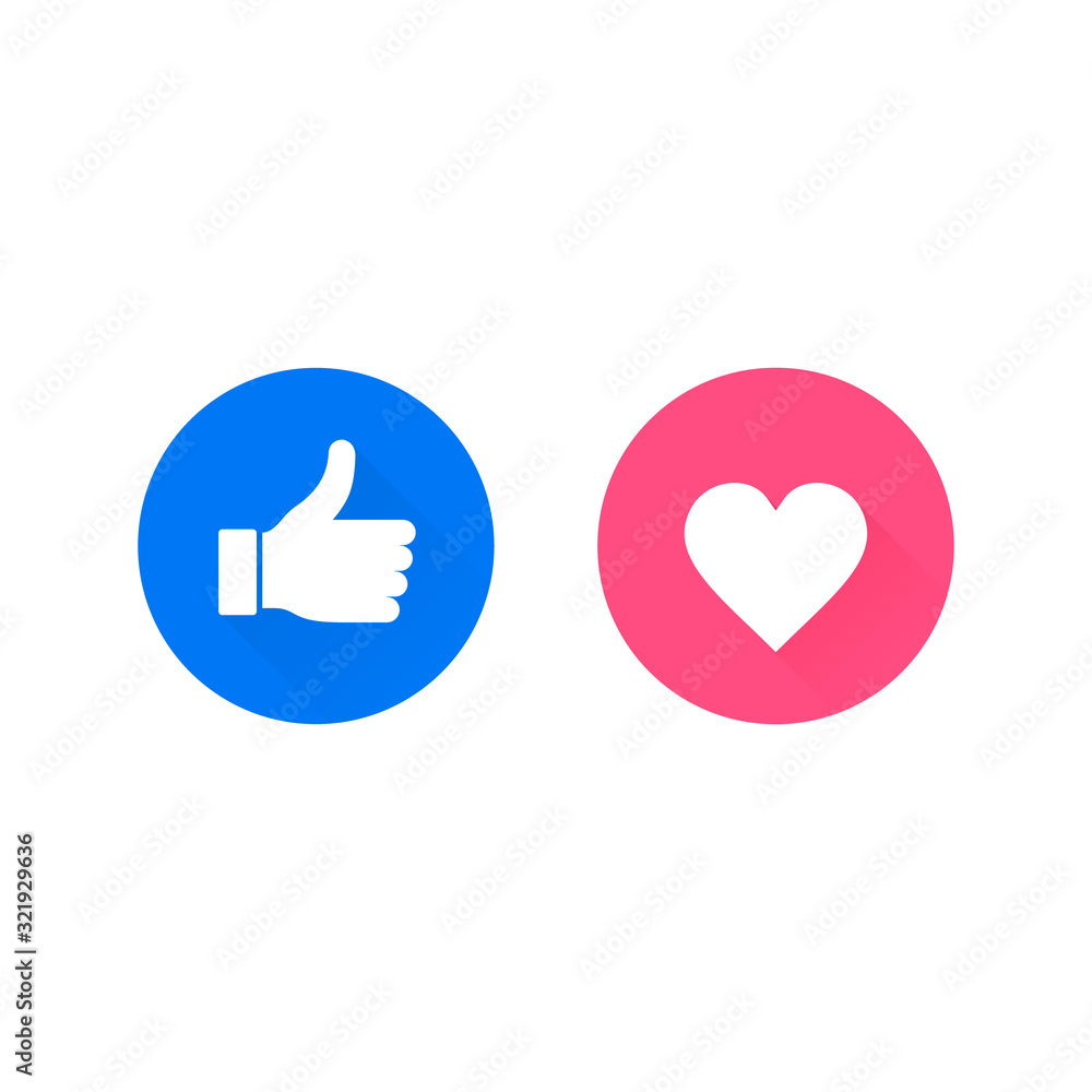 Poster thumbs up and heart like buttons on circle with long shadow. vector isolated flat design illustratio