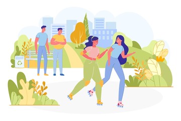 Two Woman Roller Skating in Park, Men Looking.