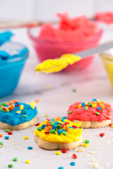 Cookies Decorated with Primary Colored Frosting with Rainbow Sprinkles
