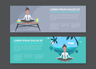 Office Yoga web banner. Person relaxing in lotus pose and imagine himself at the beach. Cartoon design brochure, modern web template. Vector flat illustration