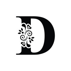 letter D. Vintage black flower ornament initial letters.  Alphabet. Logo vector 