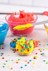 Cookies Decorated with Primary Colored Frosting with Rainbow Sprinkles