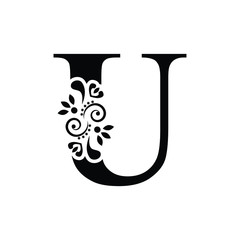 letter U. Vintage black flower ornament initial letters.  Alphabet. Logo vector 