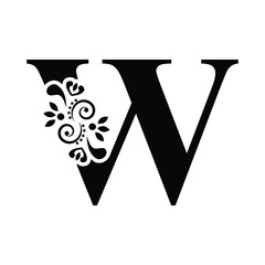 letter W. Vintage black flower ornament initial letters.  Alphabet. Logo vector 