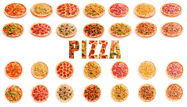 Set of pizza isolated on white background and the textured word "PIZZA". Pizza photo for for menu card, web design, site, shop, advertising or delivery fast food.