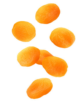 Falling Dried apricot isolated on white background, clipping path, full depth of field