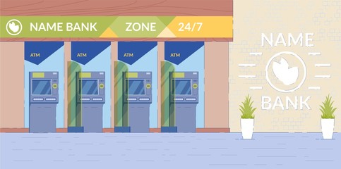 ATM Machine Hall Background with Bank Equipment.