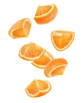 Falling orange slice isolated on white background, clipping path, full depth of field