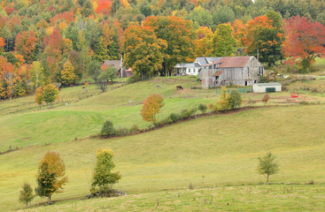 Overlooking a peaceful New England Farm in the autumn, Woodstock, Vermont, USA