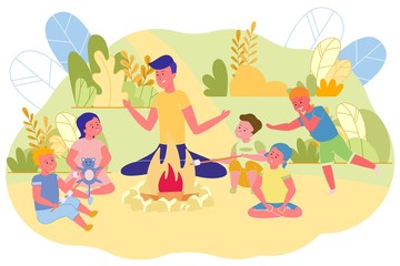 Children and Young Man Sitting around Campfire.