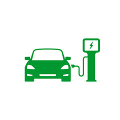 Electric car on Electric refueling charging station icon. Eco transportation. Vector isolated flat design illustration