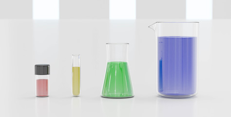 Scientific laboratory graduated cylinder and flasks full of chemical solutions for an experiment in a science research lab 3d render illustration