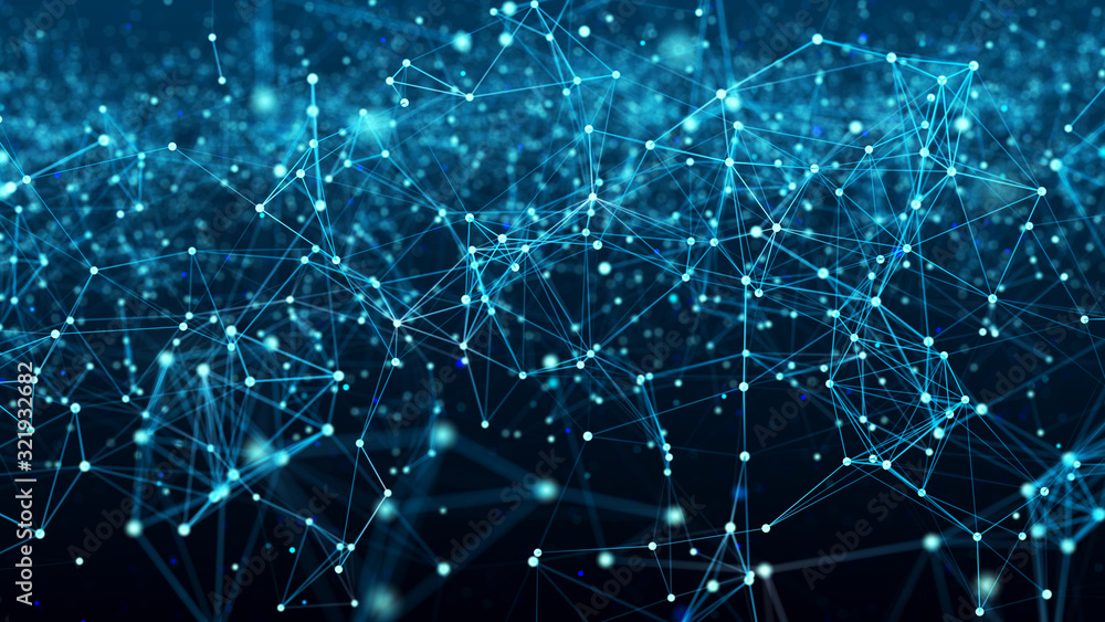 Poster Digital plexus of glowing lines and dots. Cybernetic futuristic background. Big data visualization. Network or connection. 3d rendering.