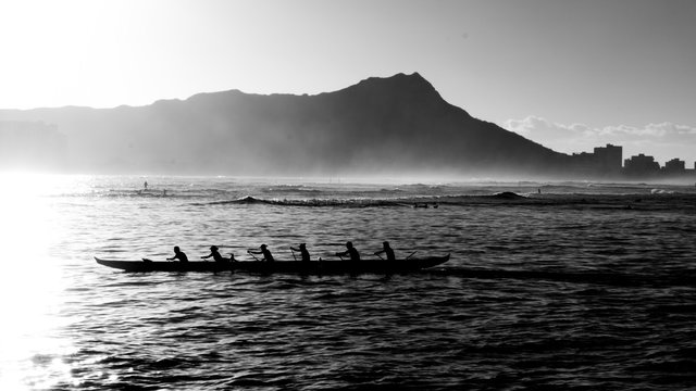 Outrigger canoe crews at sunrise at Waikiki in monochrome as silhouettes