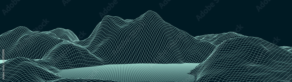 Aufkleber vector wireframe 3d landscape. technology grid illustration. network of connected dots and lines on 